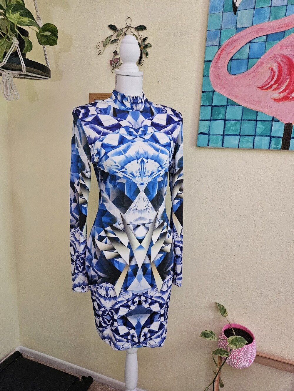 Arden B Long Sleeve Blue Geometric Bodycon Dress